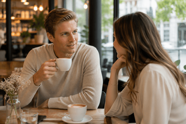 Paar im Café im vertrauten Gespräch
