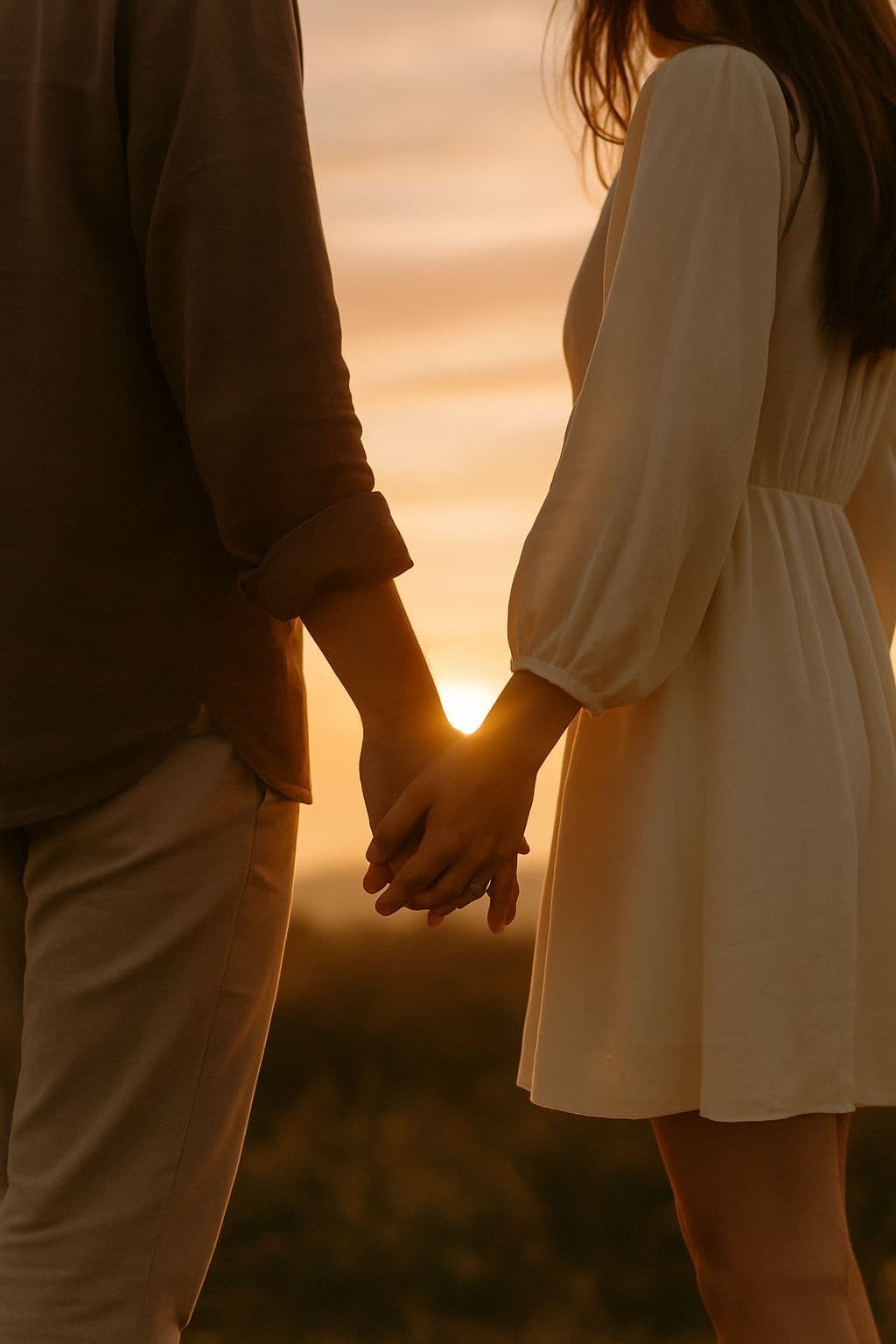 Paar, Hand in Hand bei Sonnenuntergang