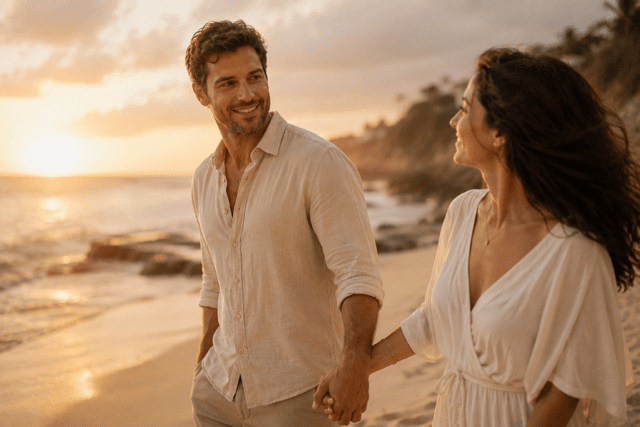 Paar am Strand, Hand in Hand bei Sonnenuntergang